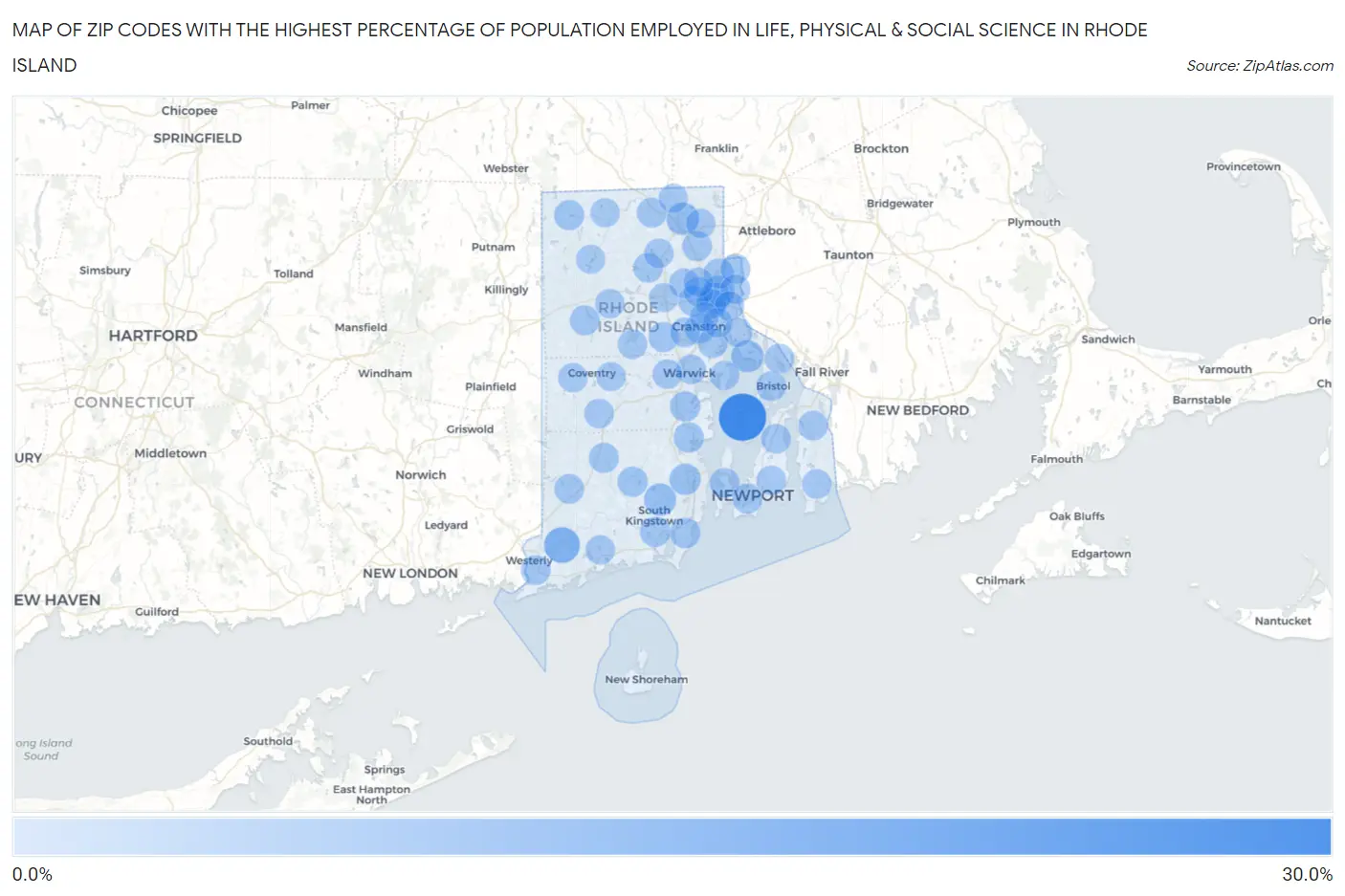 Zip Codes with the Highest Percentage of Population Employed in Life, Physical & Social Science in Rhode Island Map