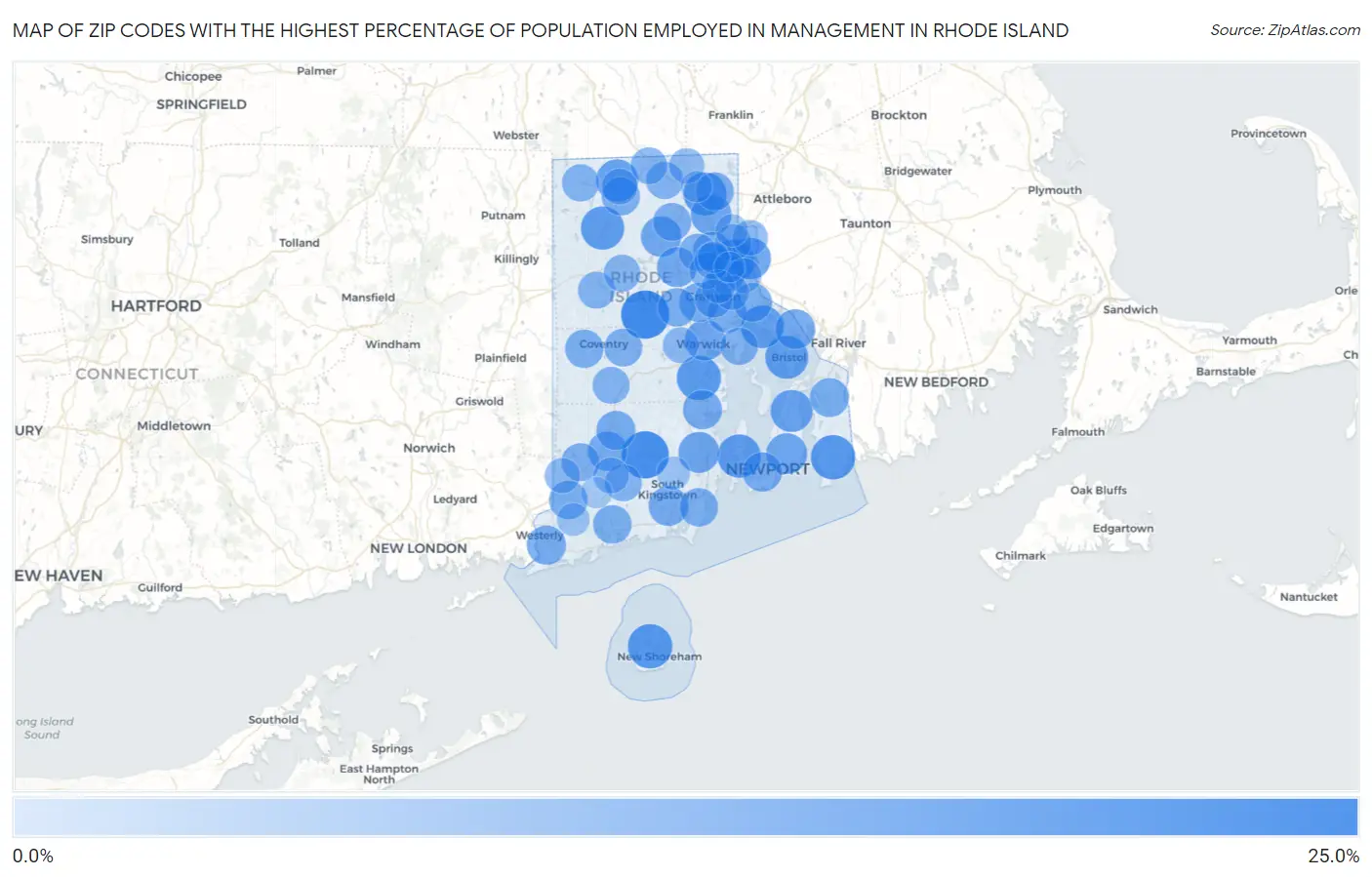 Zip Codes with the Highest Percentage of Population Employed in Management in Rhode Island Map