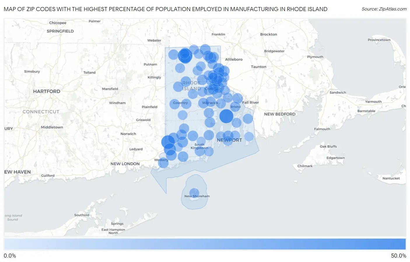 Zip Codes with the Highest Percentage of Population Employed in Manufacturing in Rhode Island Map