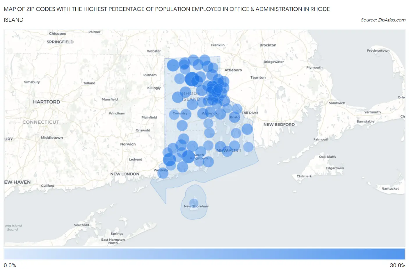 Zip Codes with the Highest Percentage of Population Employed in Office & Administration in Rhode Island Map