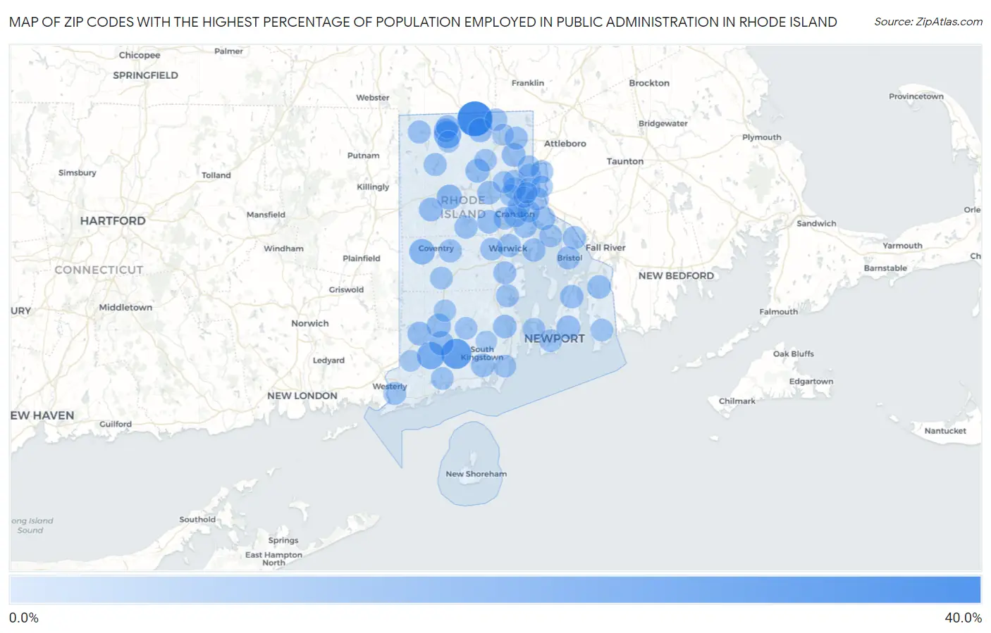 Zip Codes with the Highest Percentage of Population Employed in Public Administration in Rhode Island Map
