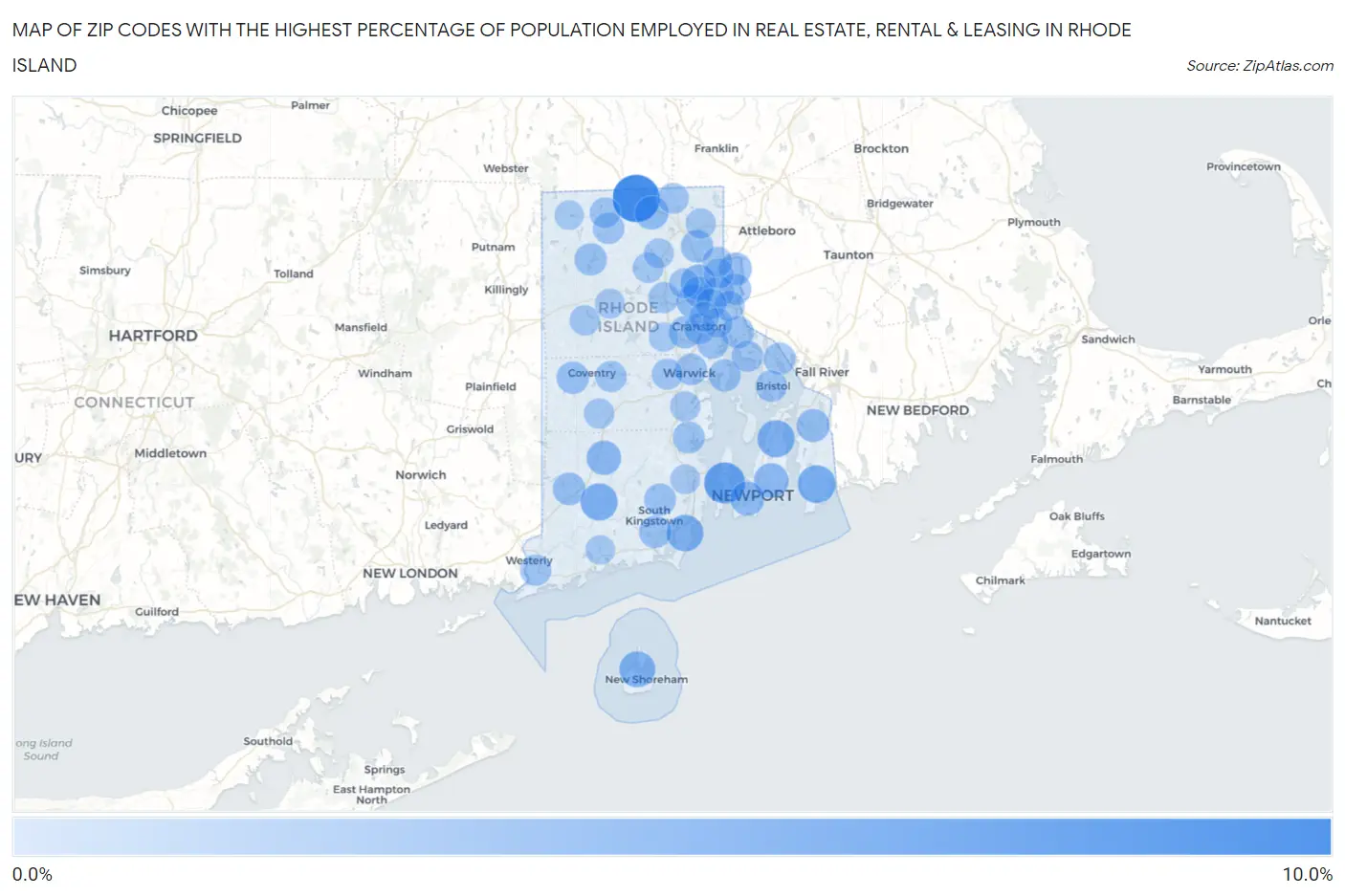 Zip Codes with the Highest Percentage of Population Employed in Real Estate, Rental & Leasing in Rhode Island Map