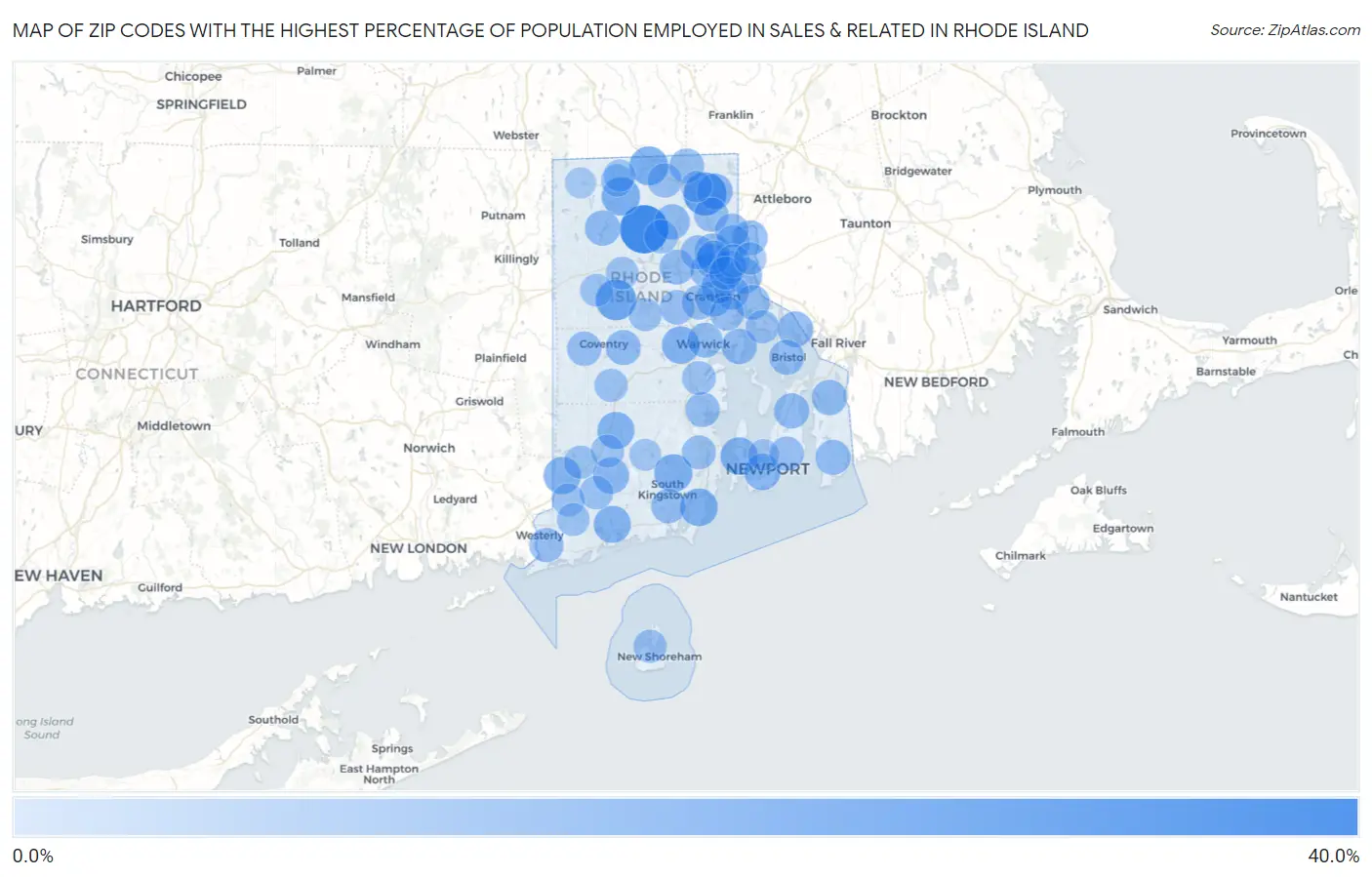 Zip Codes with the Highest Percentage of Population Employed in Sales & Related in Rhode Island Map