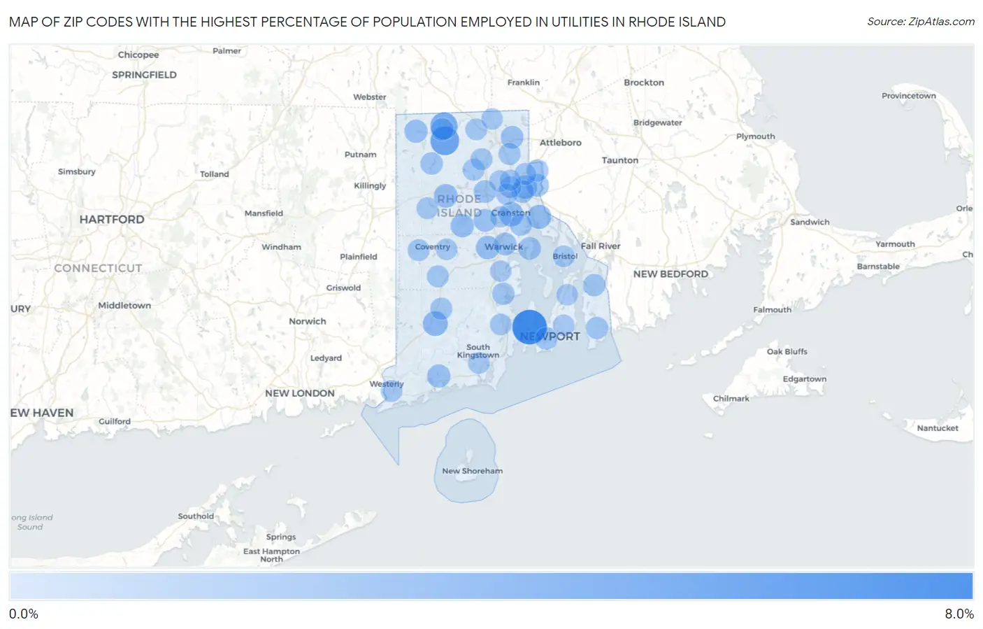 Zip Codes with the Highest Percentage of Population Employed in Utilities in Rhode Island Map