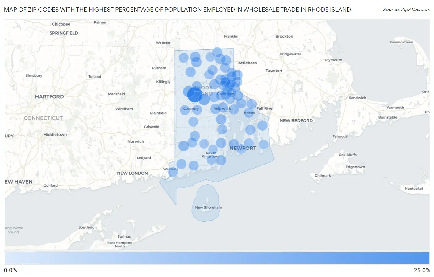 Zip Codes with the Highest Percentage of Population Employed in Wholesale Trade in Rhode Island Map