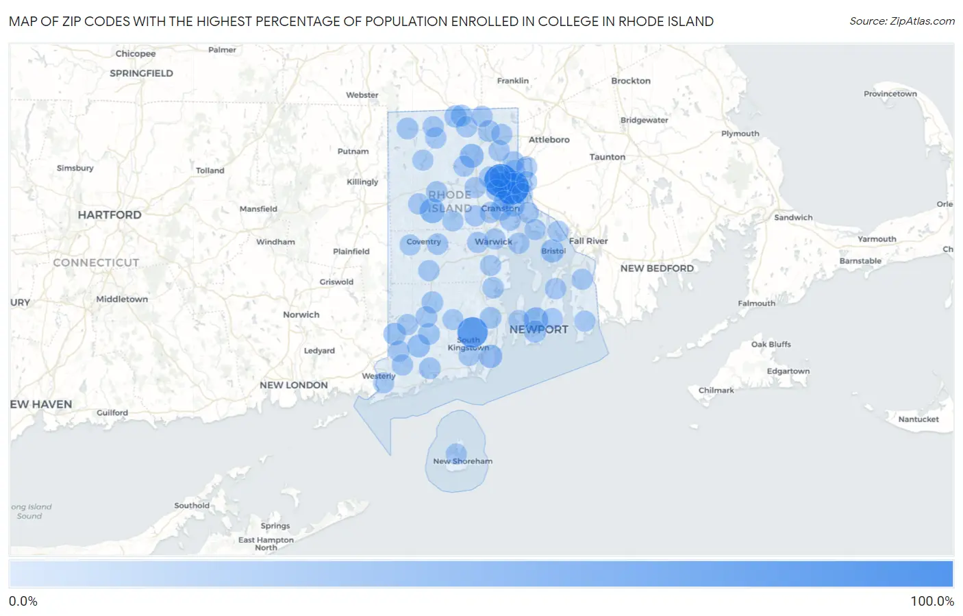 Zip Codes with the Highest Percentage of Population Enrolled in College in Rhode Island Map