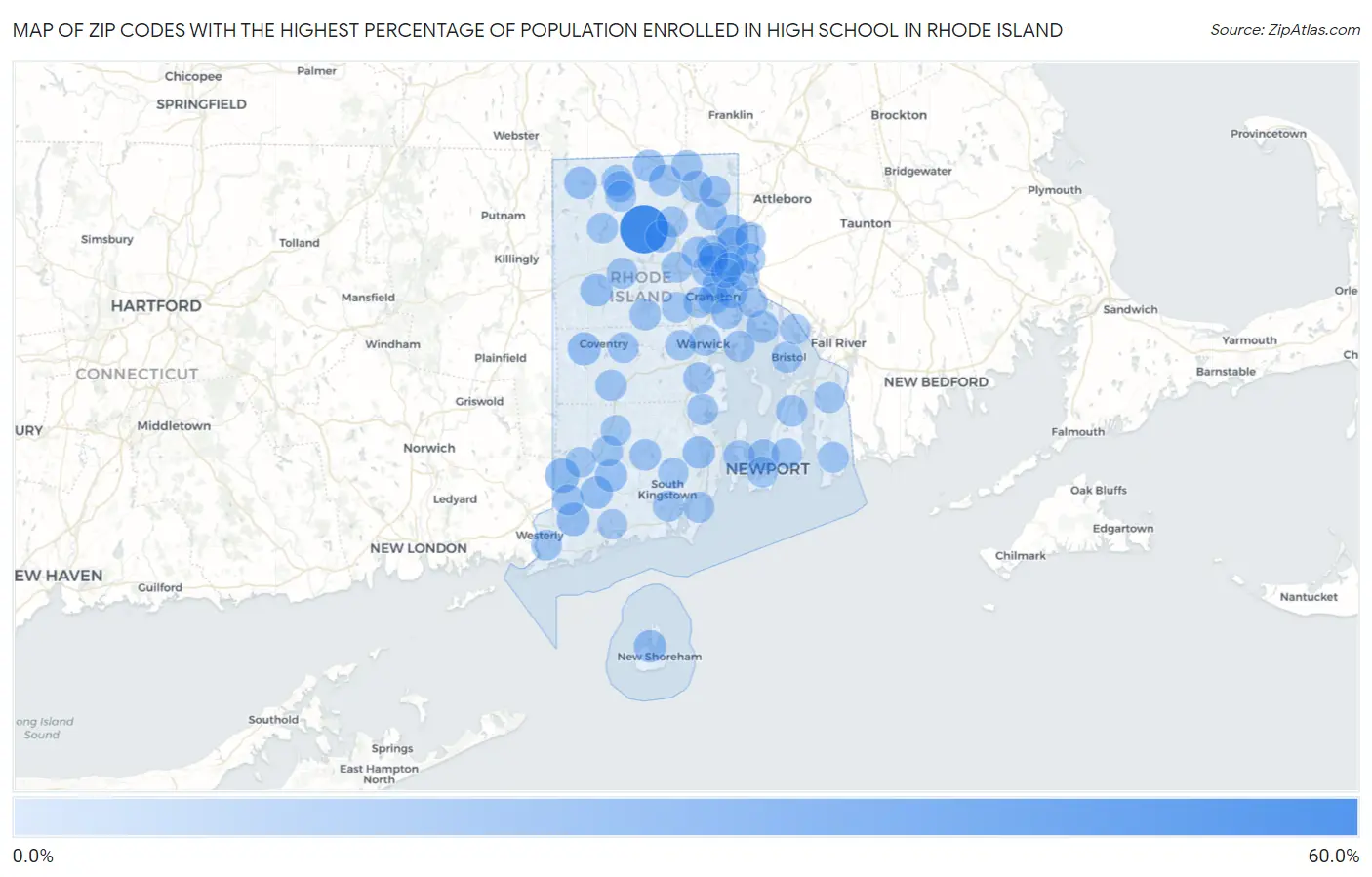 Zip Codes with the Highest Percentage of Population Enrolled in High School in Rhode Island Map