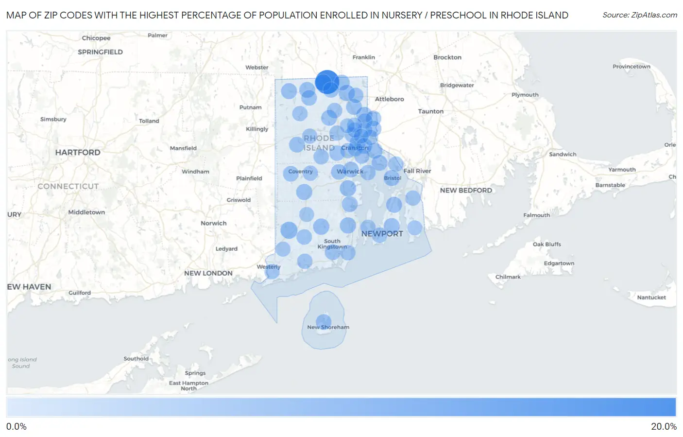 Zip Codes with the Highest Percentage of Population Enrolled in Nursery / Preschool in Rhode Island Map