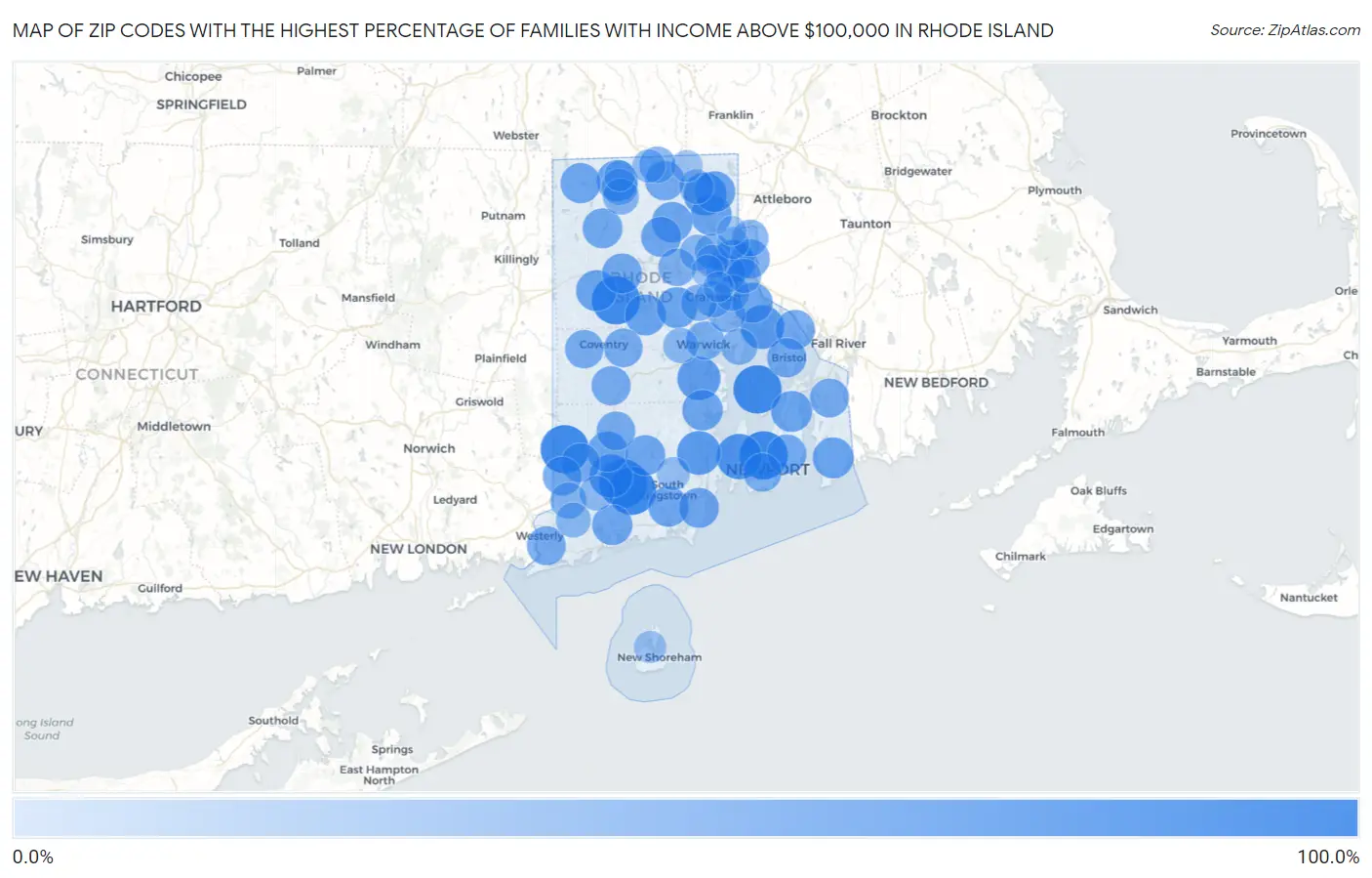 Zip Codes with the Highest Percentage of Families with Income Above $100,000 in Rhode Island Map