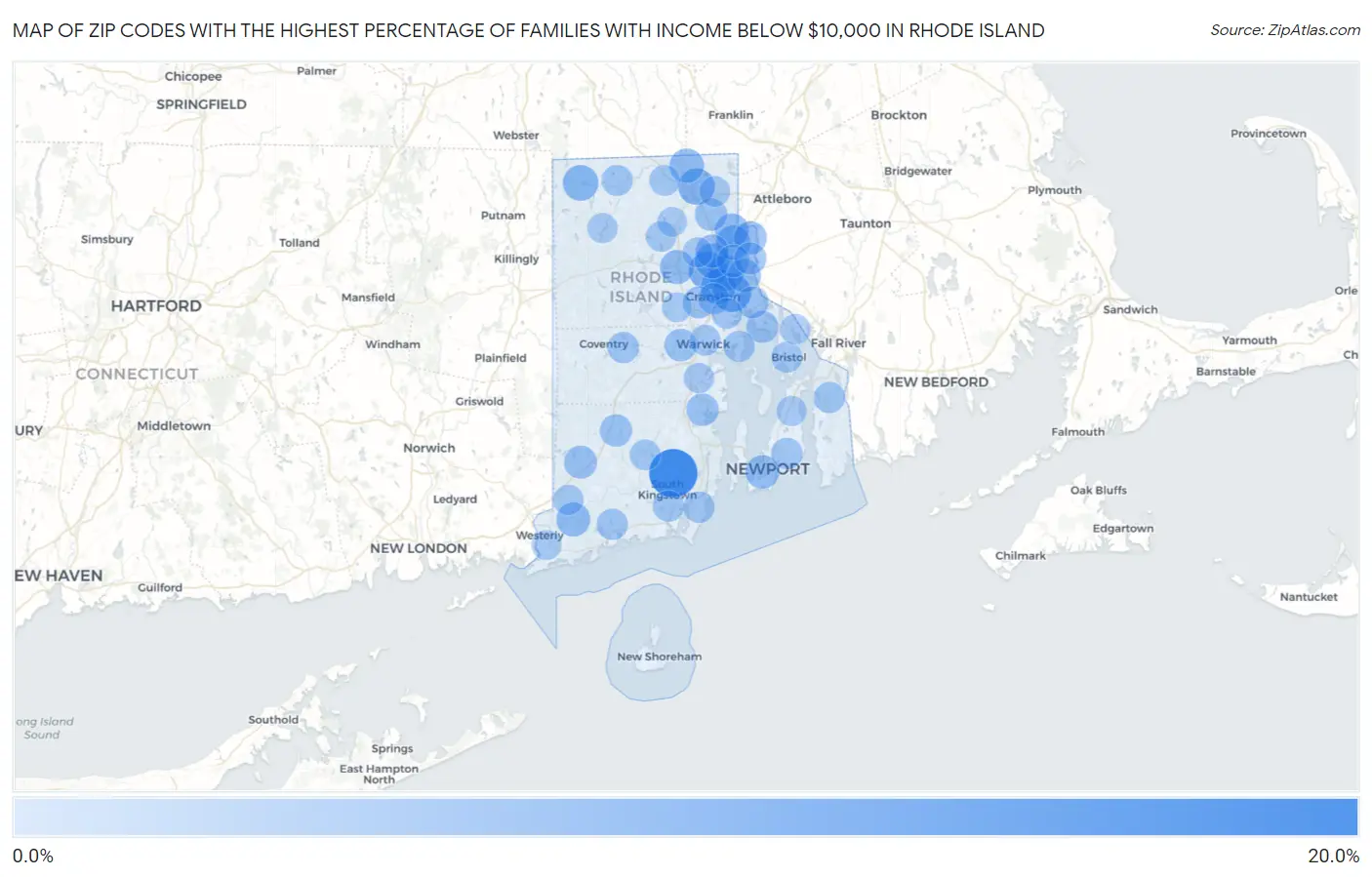 Zip Codes with the Highest Percentage of Families with Income Below $10,000 in Rhode Island Map