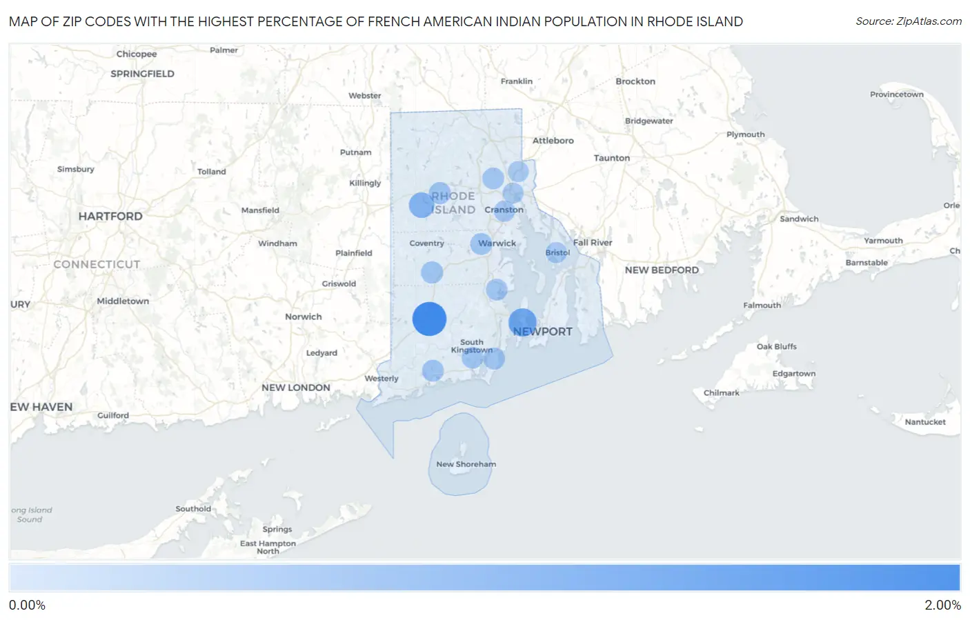Zip Codes with the Highest Percentage of French American Indian Population in Rhode Island Map