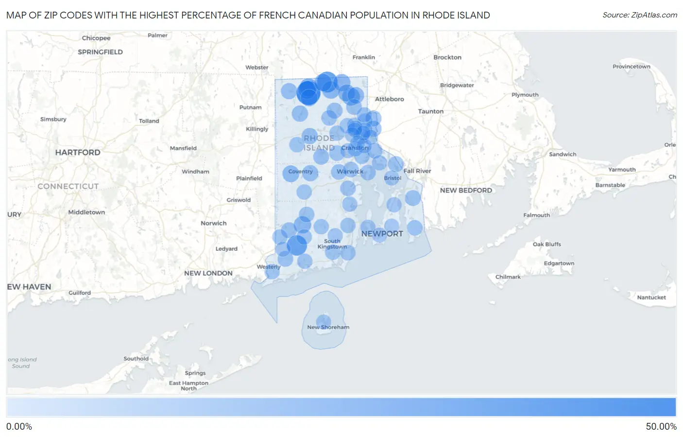 Zip Codes with the Highest Percentage of French Canadian Population in Rhode Island Map