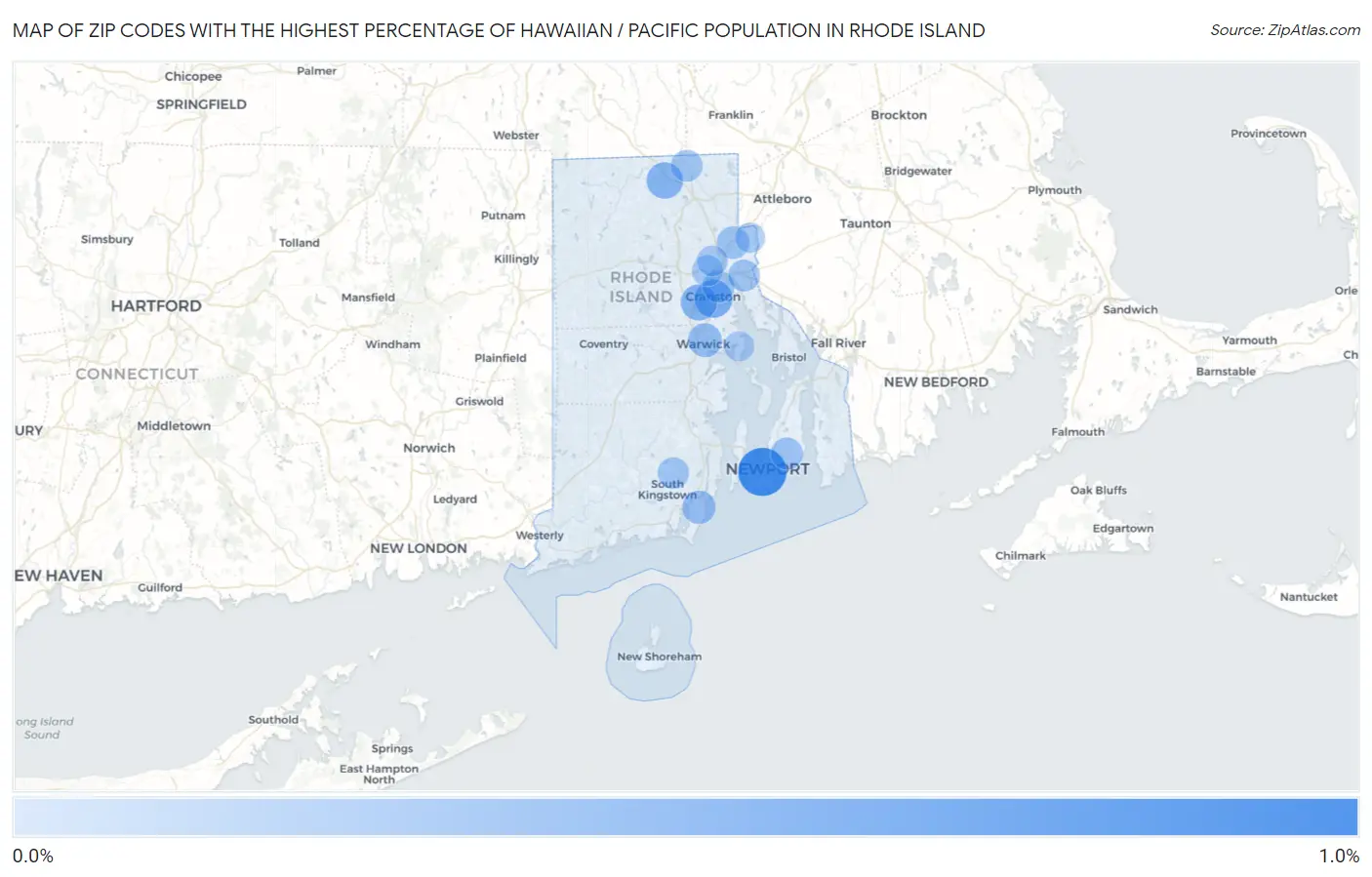 Zip Codes with the Highest Percentage of Hawaiian / Pacific Population in Rhode Island Map