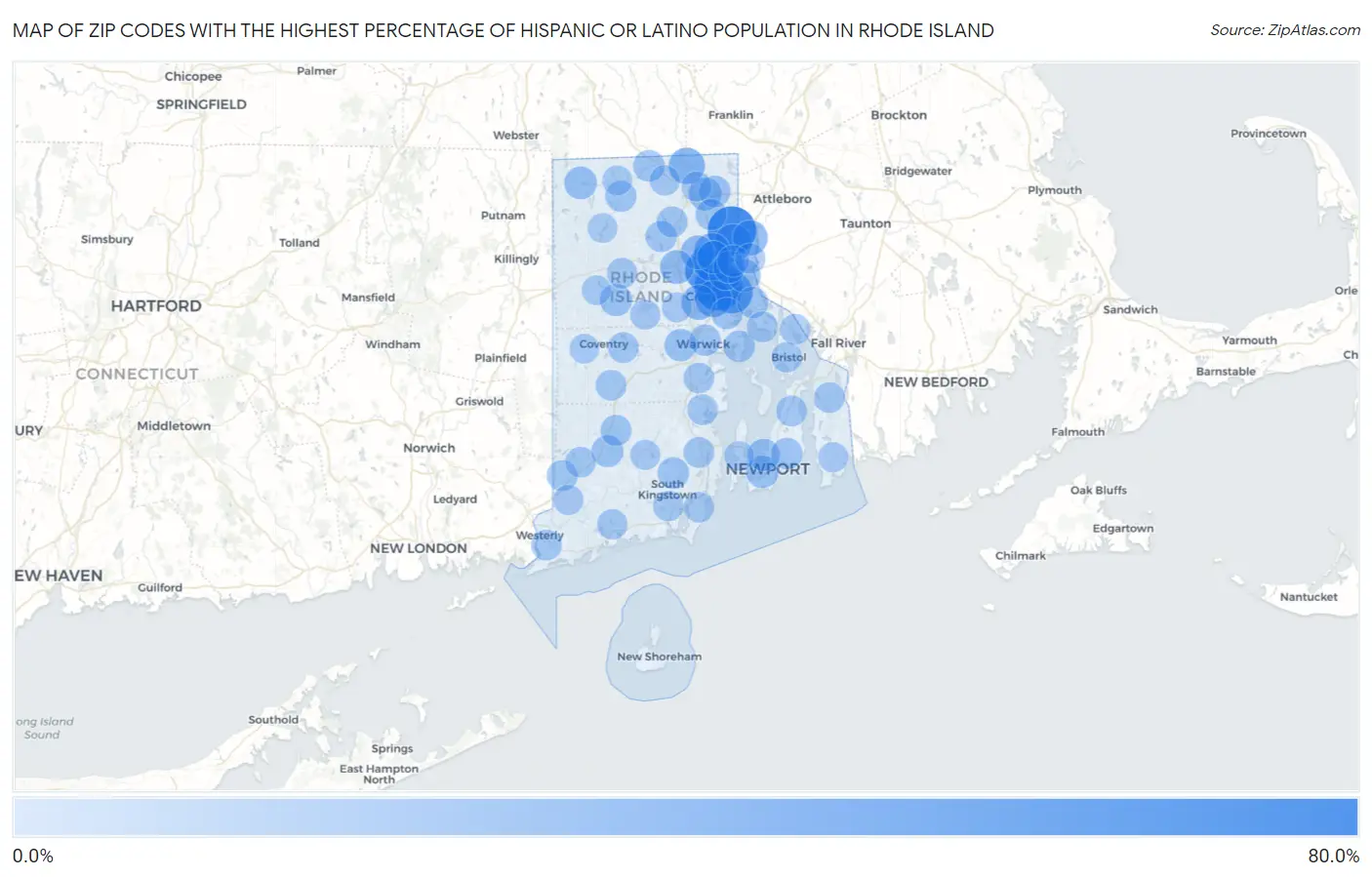 Zip Codes with the Highest Percentage of Hispanic or Latino Population in Rhode Island Map
