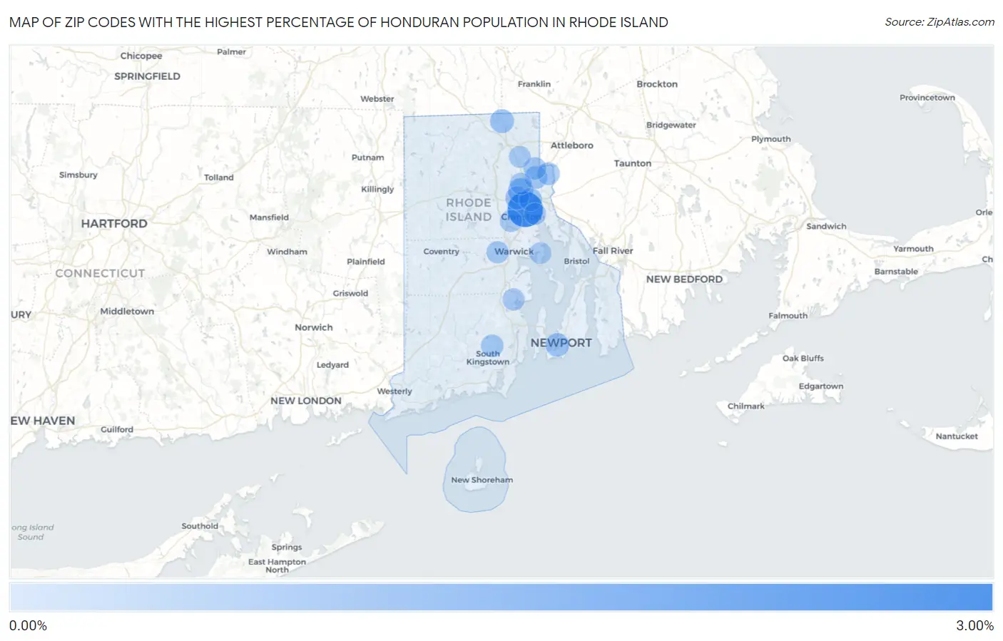 Zip Codes with the Highest Percentage of Honduran Population in Rhode Island Map