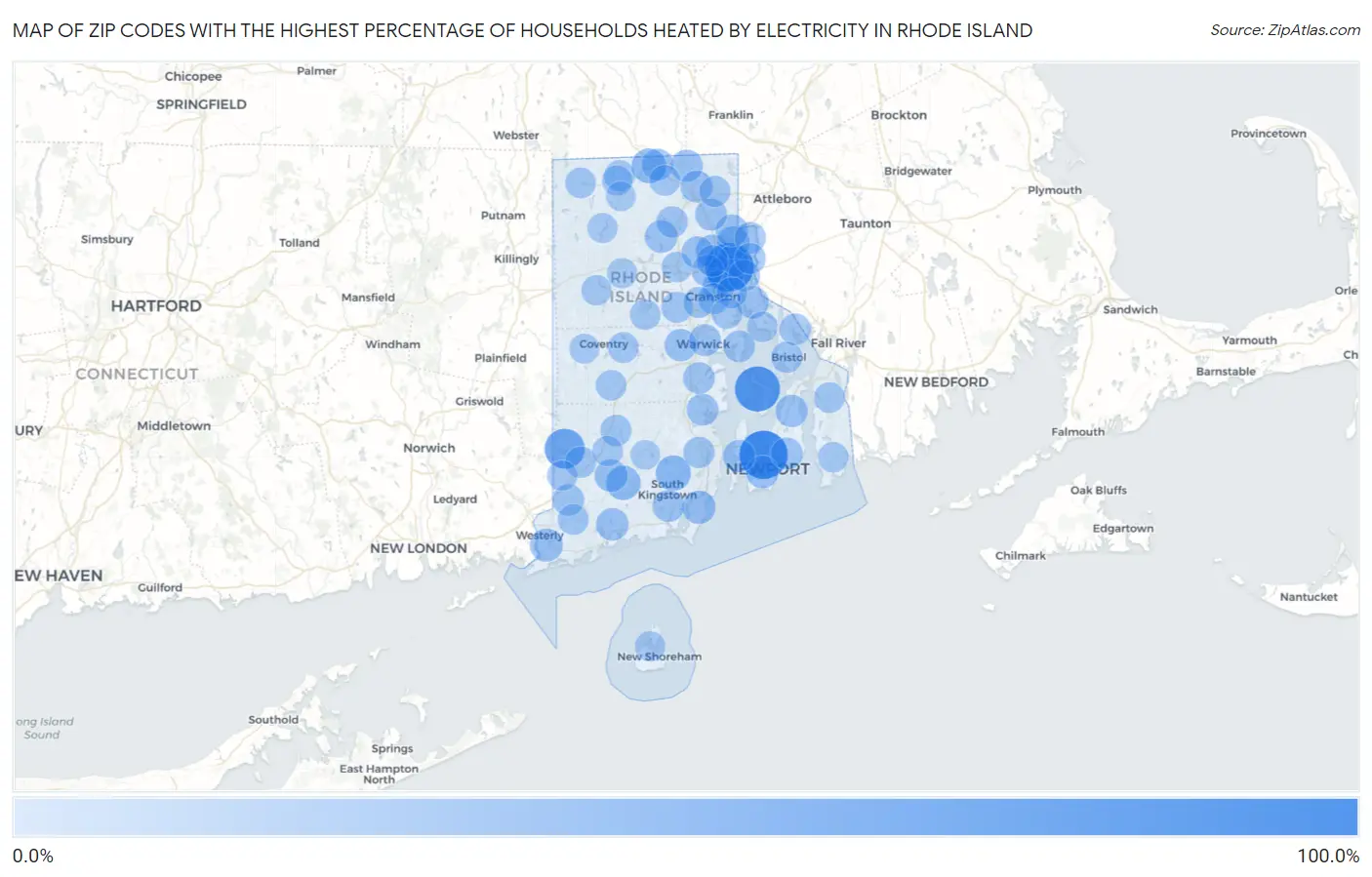 Zip Codes with the Highest Percentage of Households Heated by Electricity in Rhode Island Map
