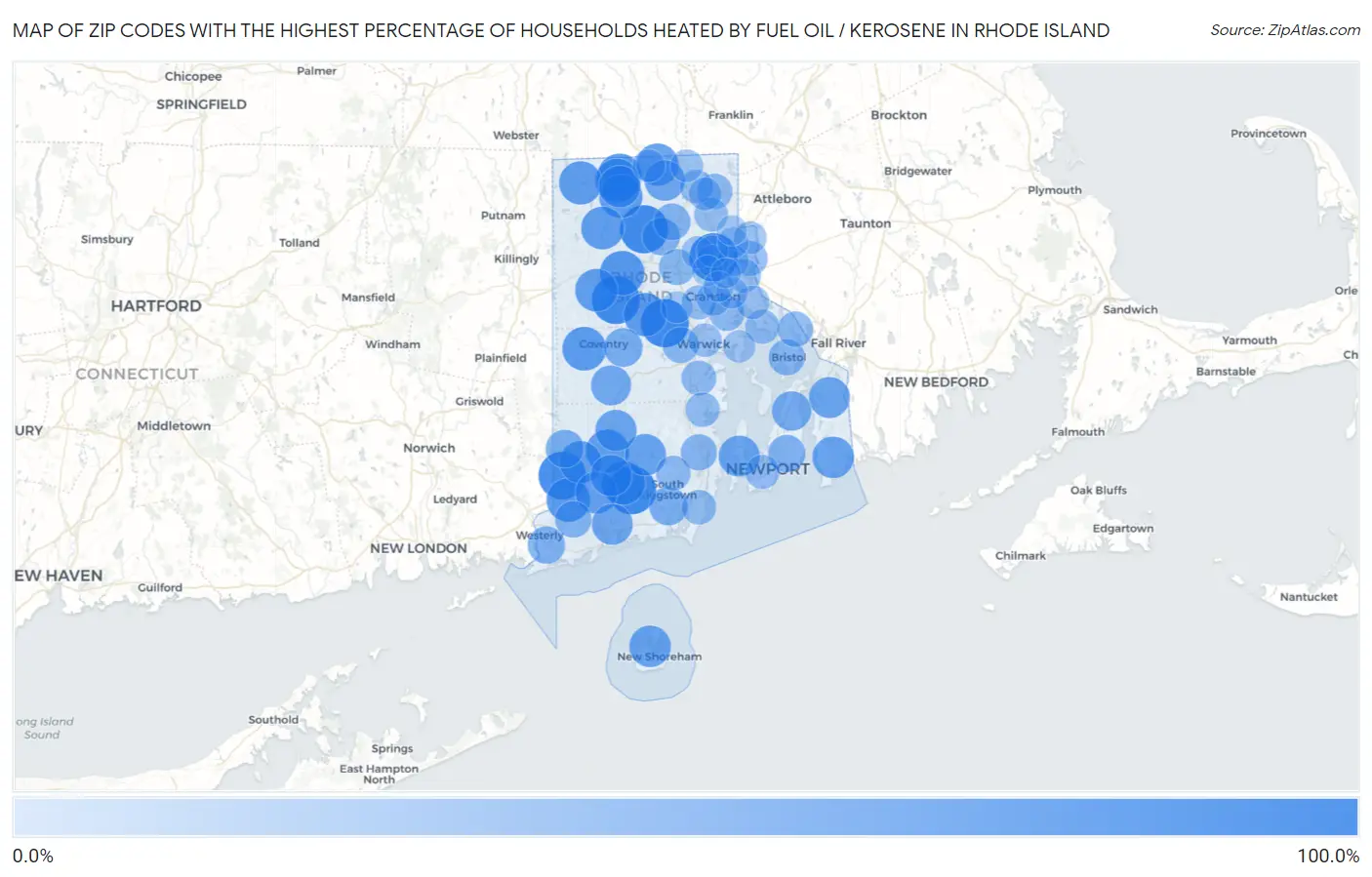 Zip Codes with the Highest Percentage of Households Heated by Fuel Oil / Kerosene in Rhode Island Map