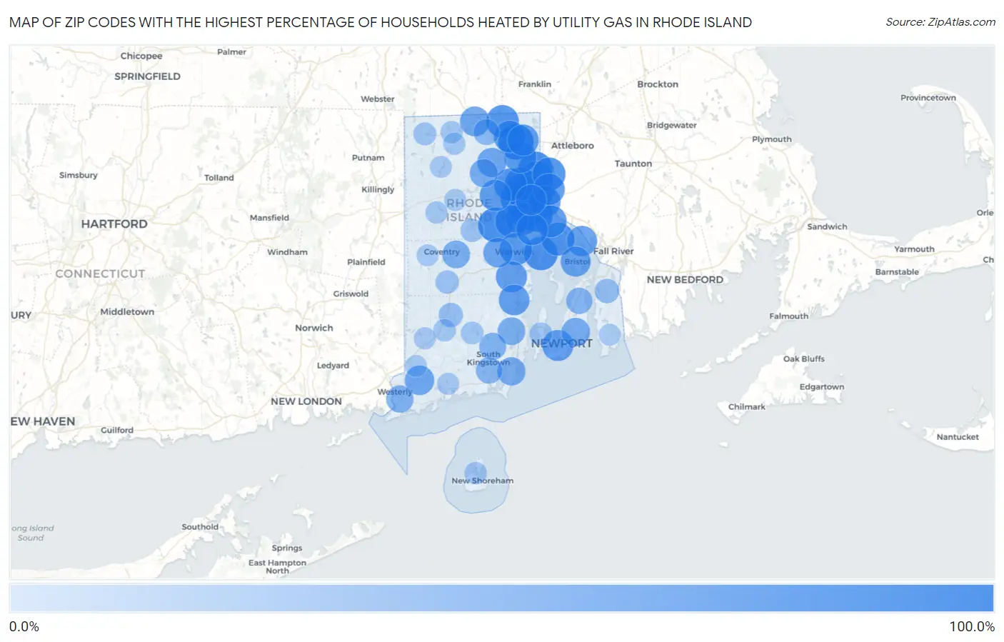 Zip Codes with the Highest Percentage of Households Heated by Utility Gas in Rhode Island Map