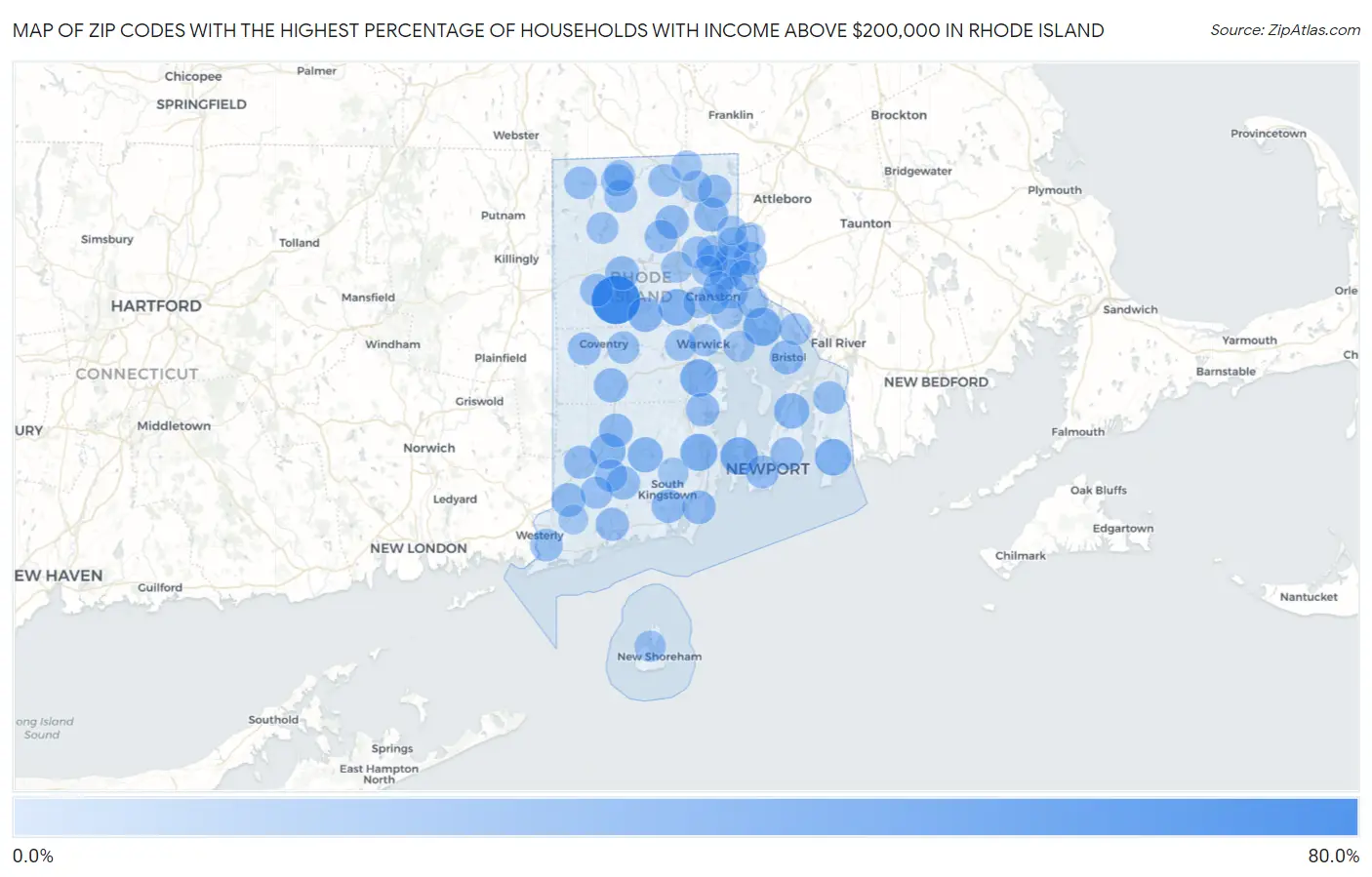 Zip Codes with the Highest Percentage of Households with Income Above $200,000 in Rhode Island Map