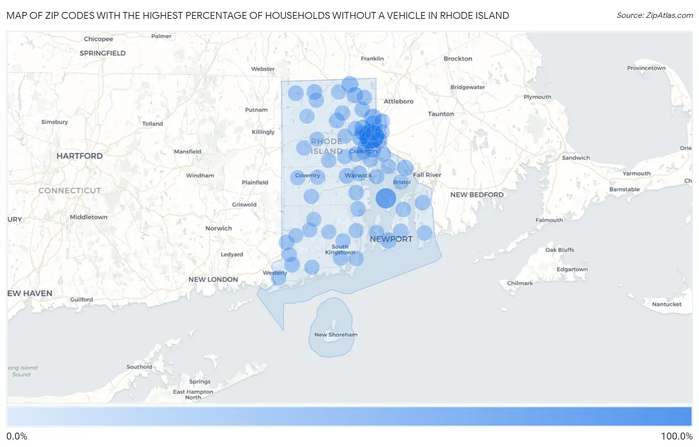 Zip Codes with the Highest Percentage of Households Without a Vehicle in Rhode Island Map