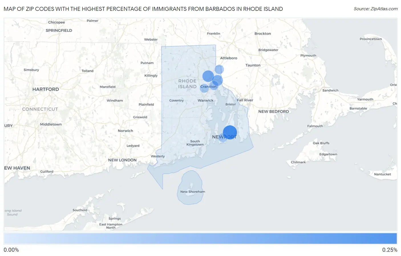 Zip Codes with the Highest Percentage of Immigrants from Barbados in Rhode Island Map