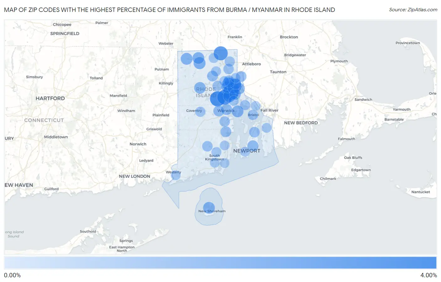 Zip Codes with the Highest Percentage of Immigrants from Burma / Myanmar in Rhode Island Map