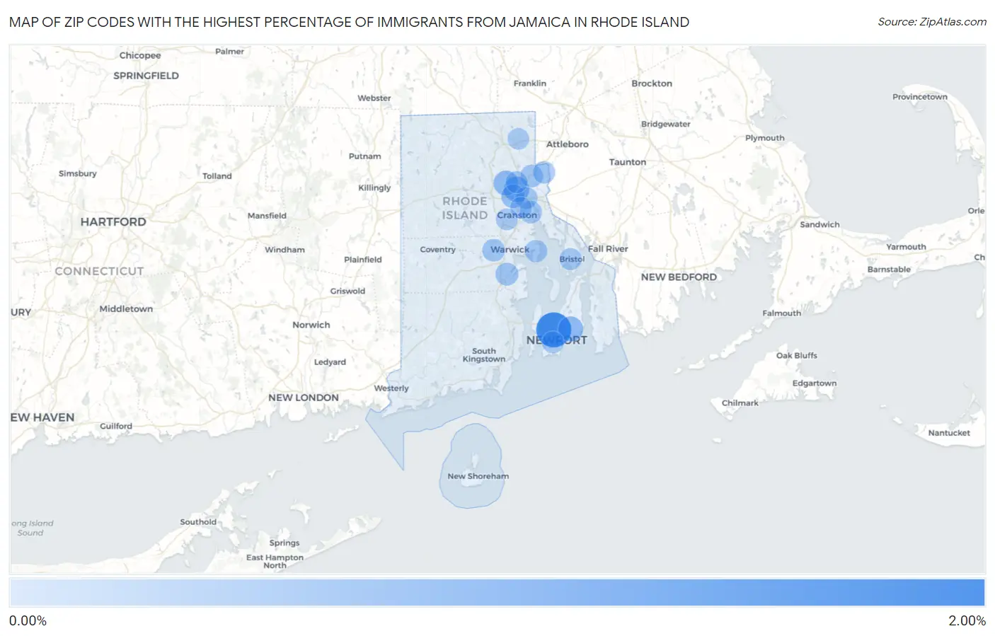 Zip Codes with the Highest Percentage of Immigrants from Jamaica in Rhode Island Map