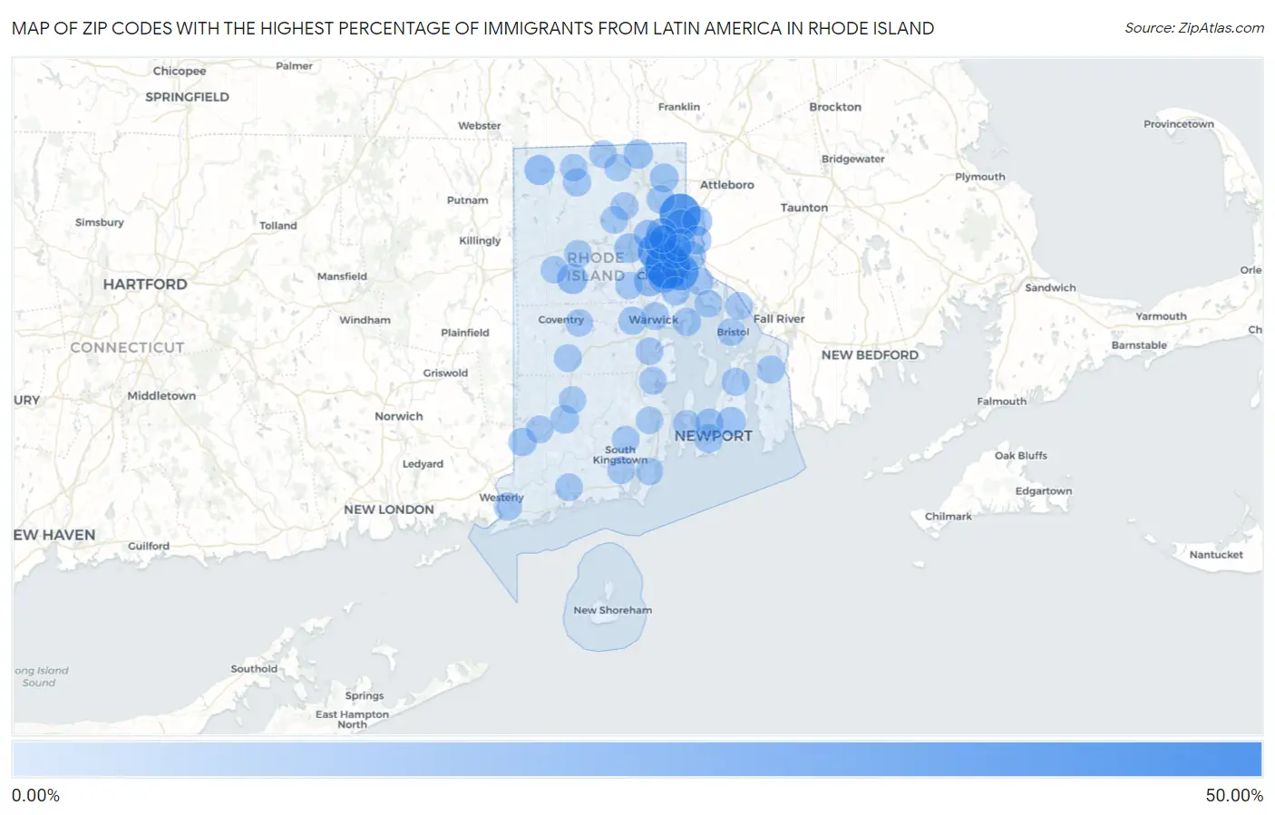 Zip Codes with the Highest Percentage of Immigrants from Latin America in Rhode Island Map