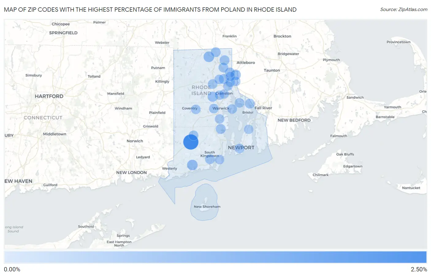 Zip Codes with the Highest Percentage of Immigrants from Poland in Rhode Island Map
