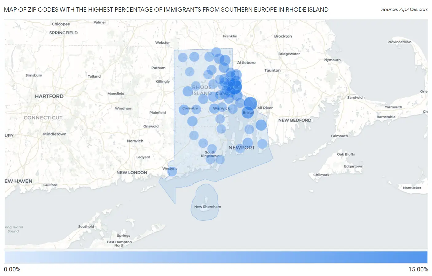 Zip Codes with the Highest Percentage of Immigrants from Southern Europe in Rhode Island Map