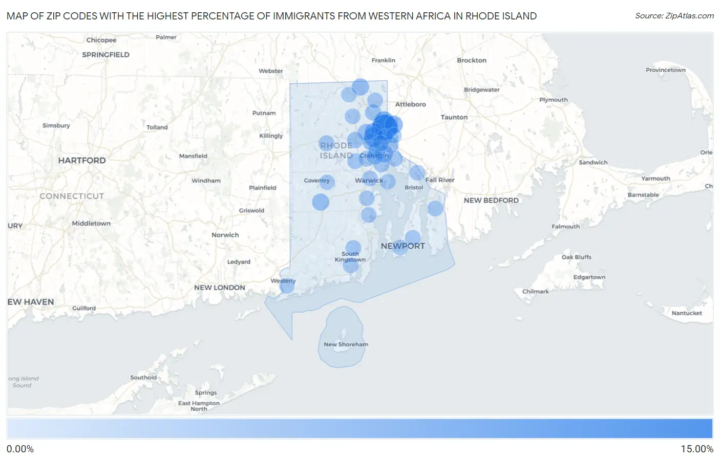 Zip Codes with the Highest Percentage of Immigrants from Western Africa in Rhode Island Map
