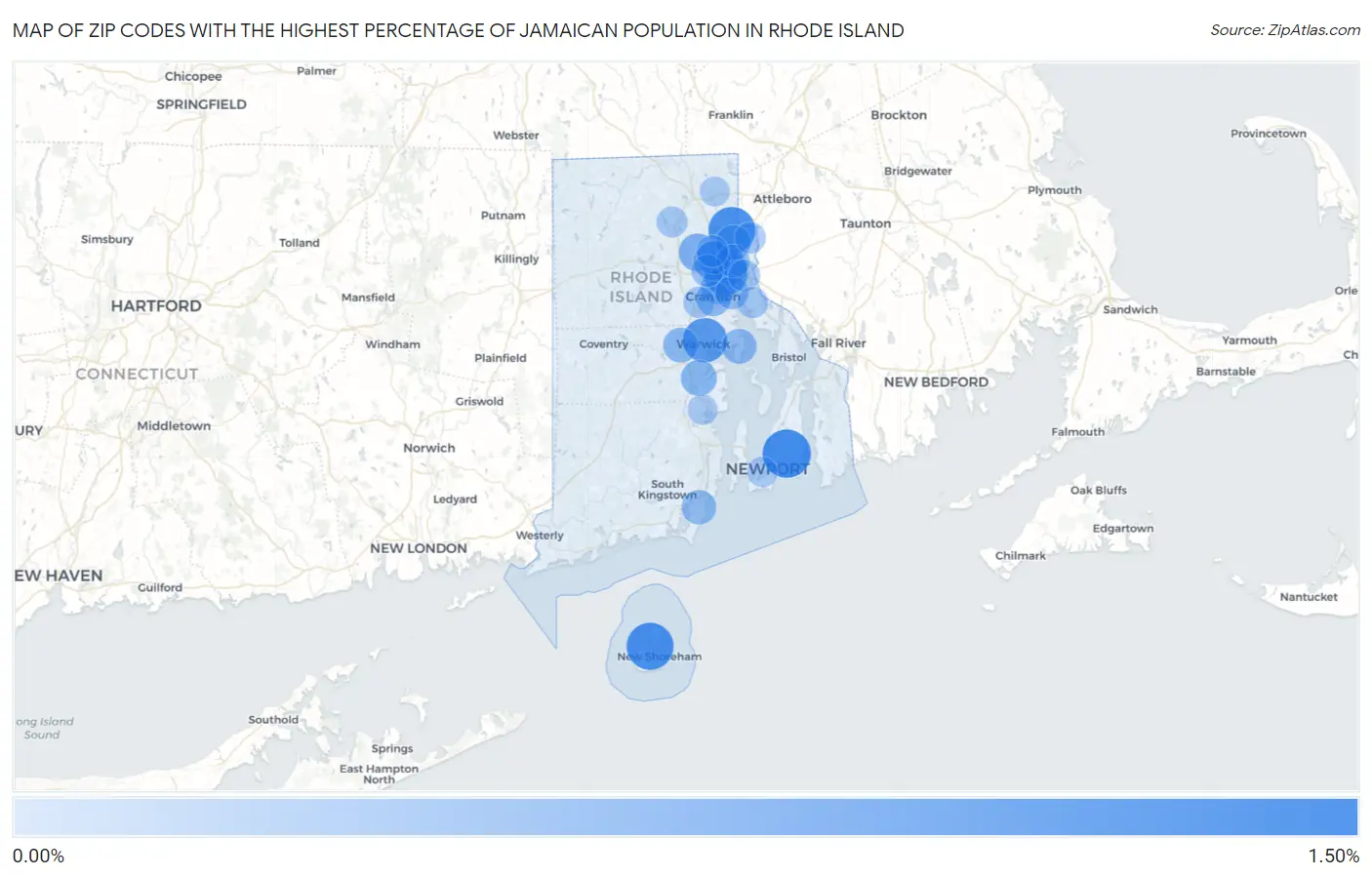 Zip Codes with the Highest Percentage of Jamaican Population in Rhode Island Map