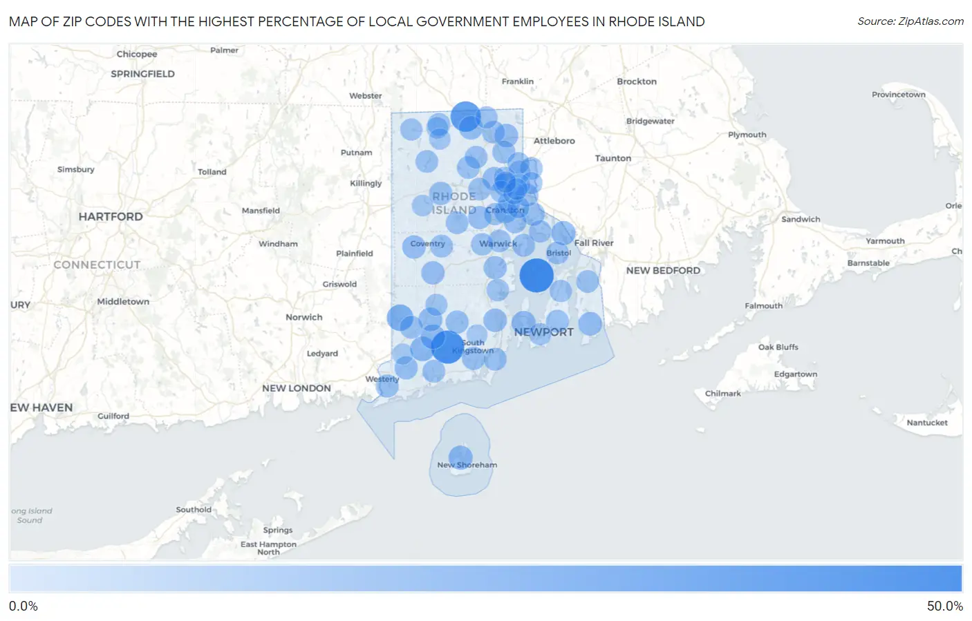 Zip Codes with the Highest Percentage of Local Government Employees in Rhode Island Map