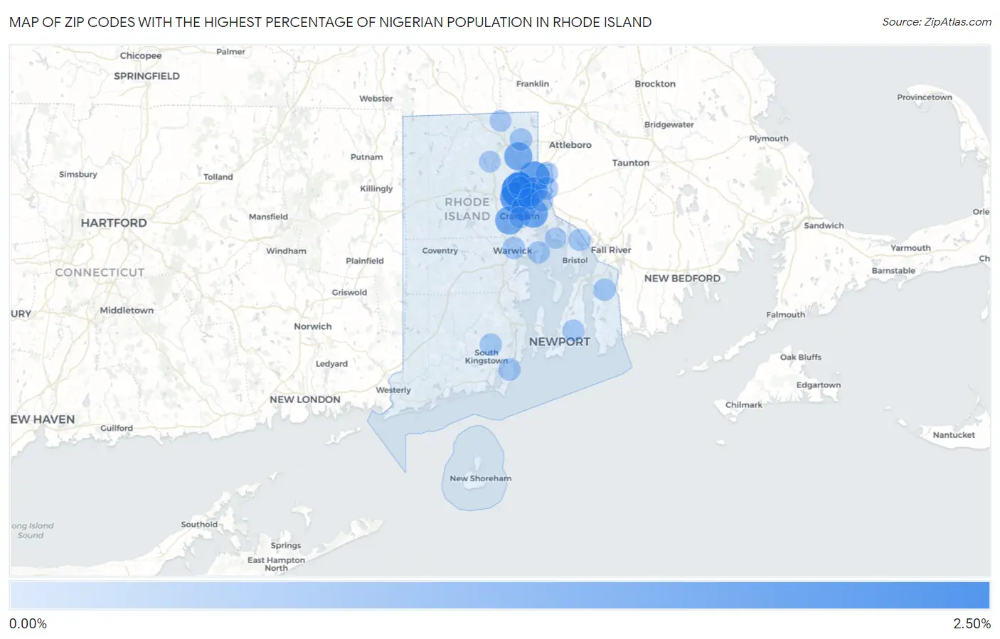 Zip Codes with the Highest Percentage of Nigerian Population in Rhode Island Map