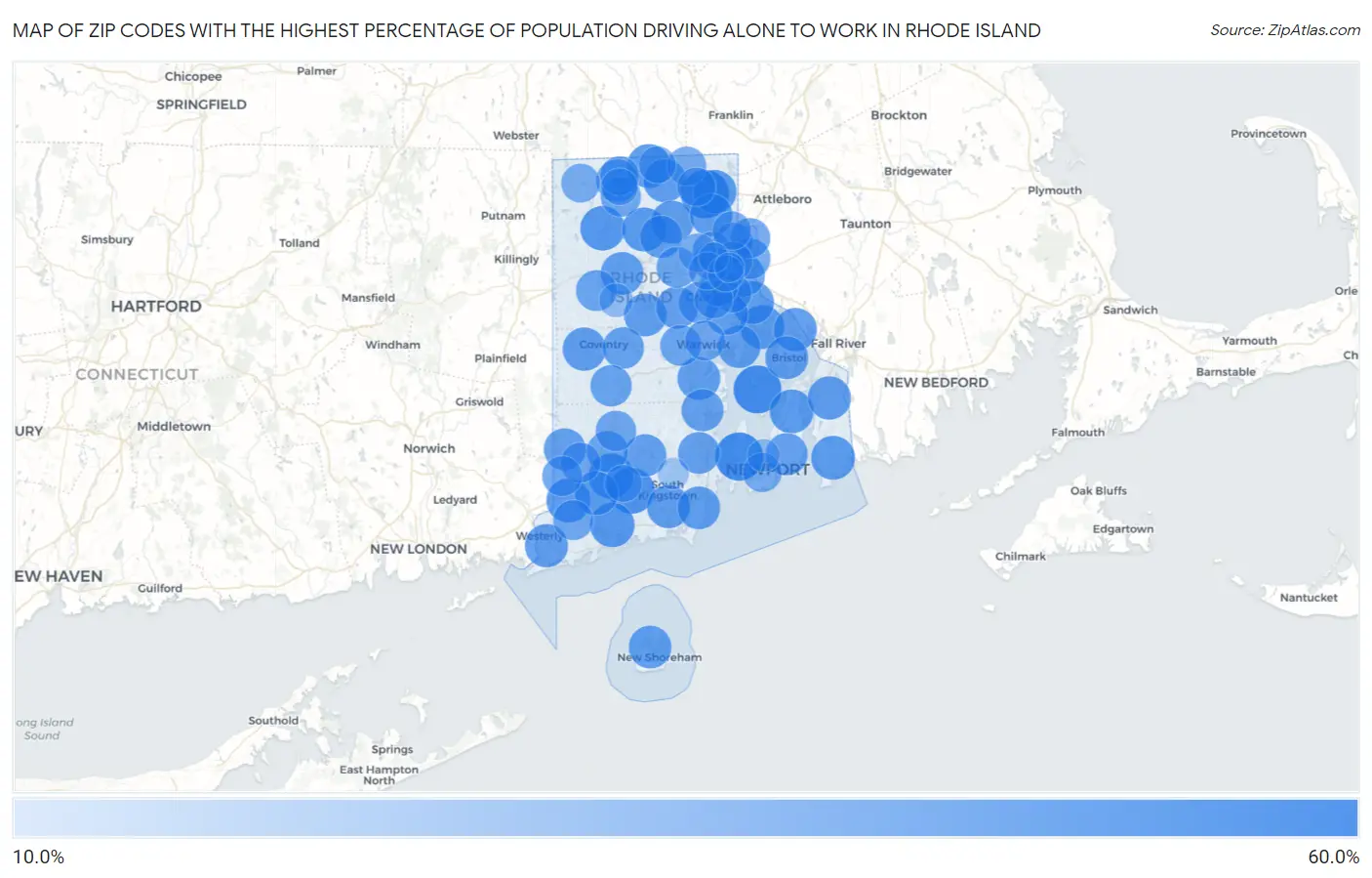 Zip Codes with the Highest Percentage of Population Driving Alone to Work in Rhode Island Map