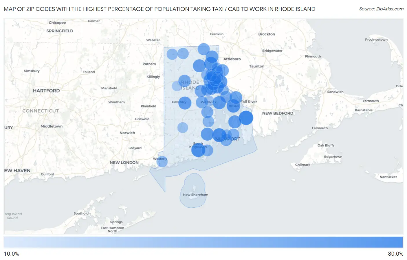 Zip Codes with the Highest Percentage of Population Taking Taxi / Cab to Work in Rhode Island Map