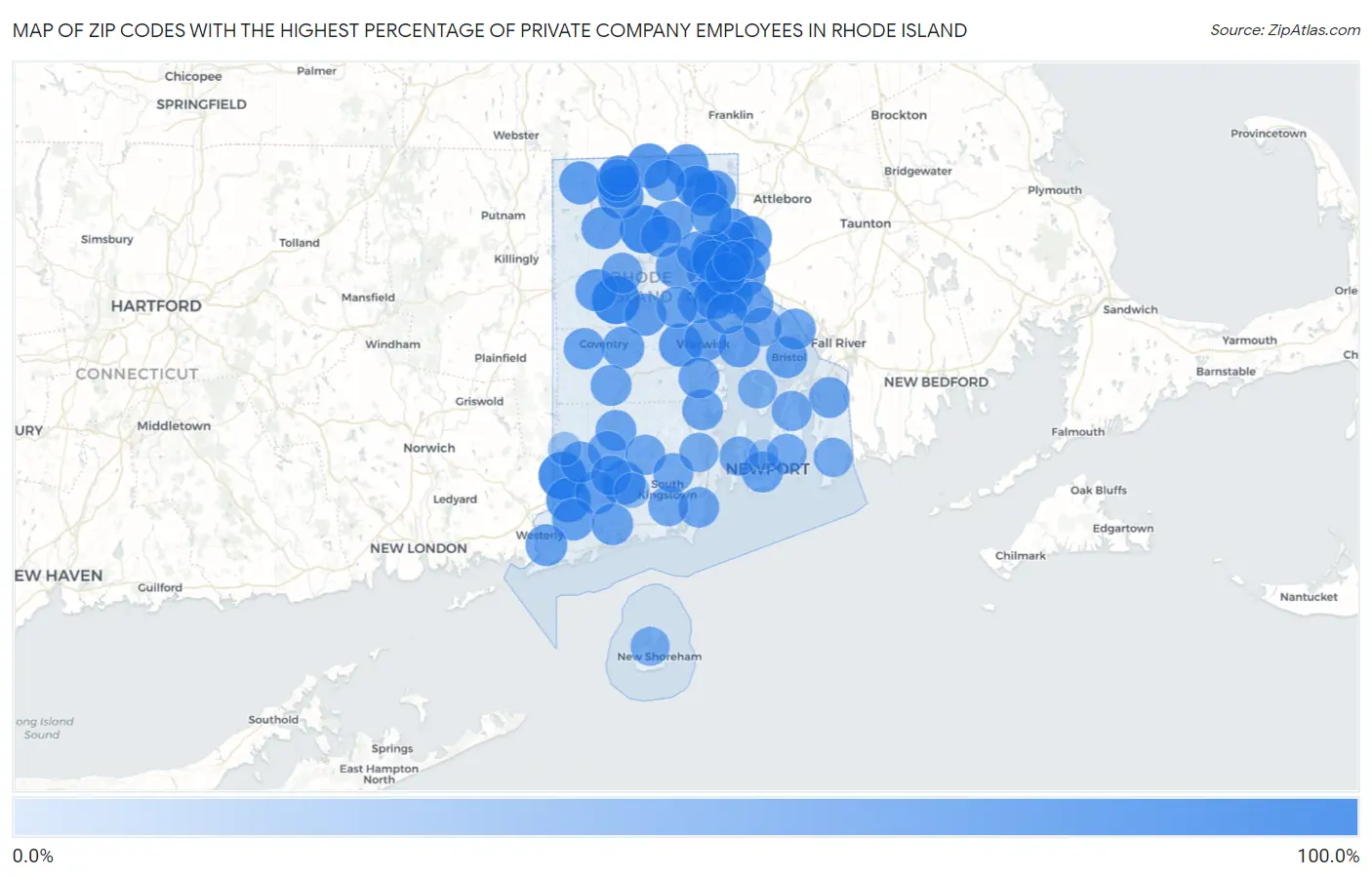 Zip Codes with the Highest Percentage of Private Company Employees in Rhode Island Map