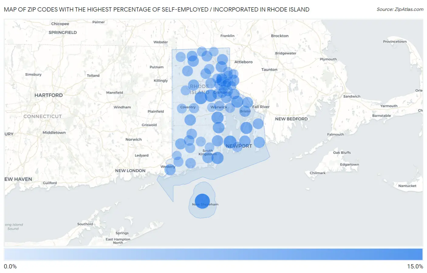 Zip Codes with the Highest Percentage of Self-Employed / Incorporated in Rhode Island Map