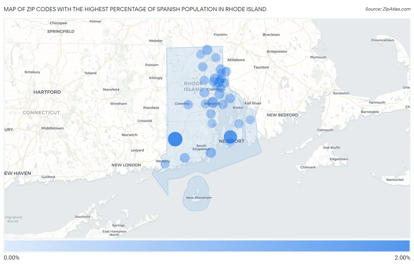 Zip Codes with the Highest Percentage of Spanish Population in Rhode Island Map