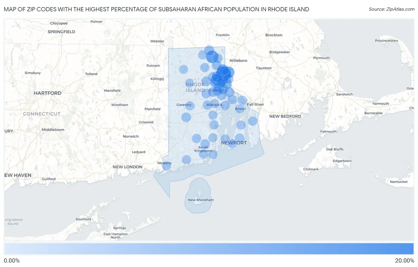 Zip Codes with the Highest Percentage of Subsaharan African Population in Rhode Island Map
