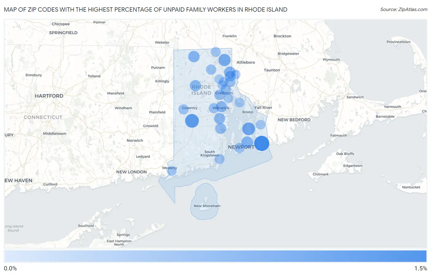 Zip Codes with the Highest Percentage of Unpaid Family Workers in Rhode Island Map