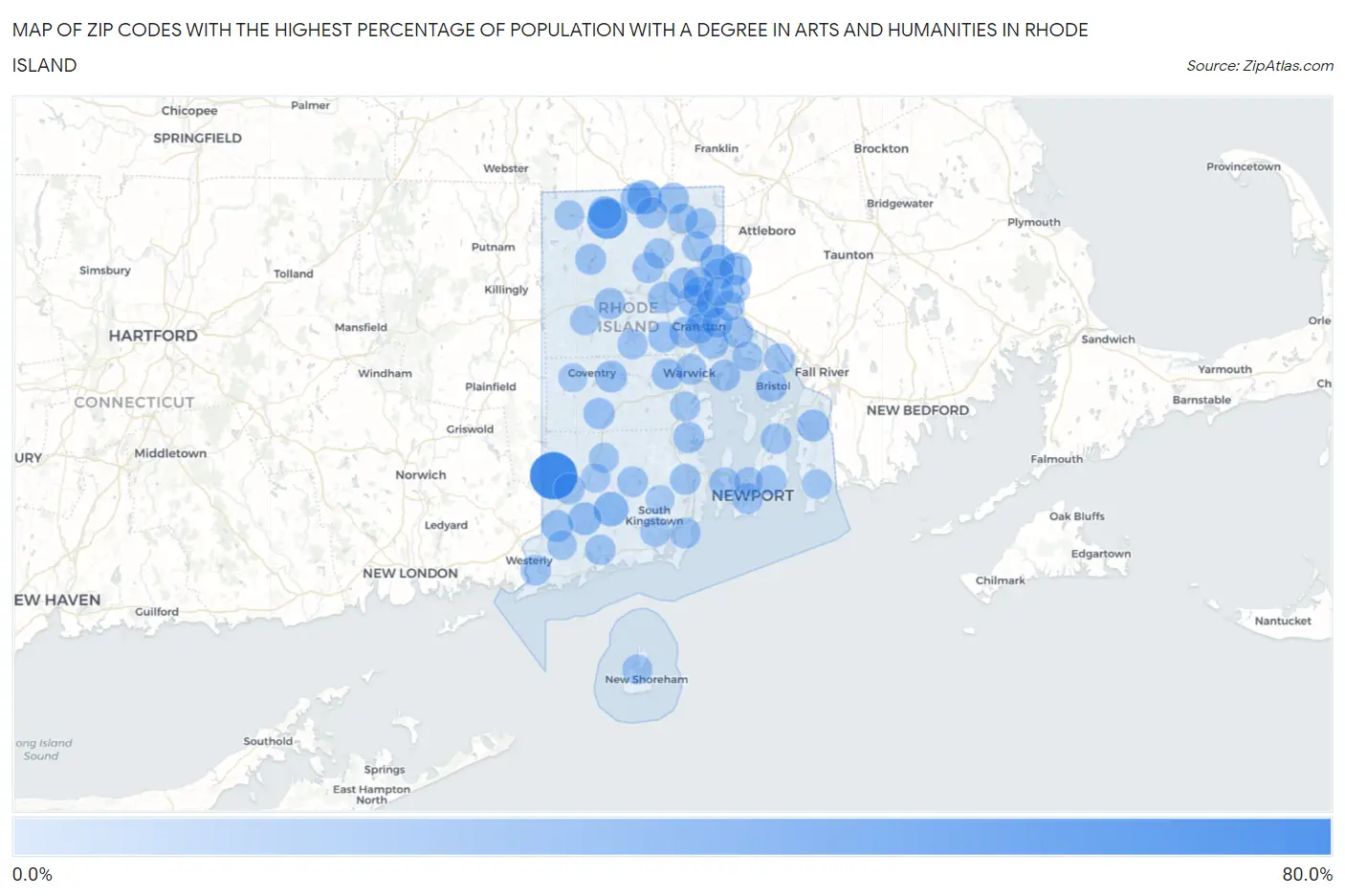 Zip Codes with the Highest Percentage of Population with a Degree in Arts and Humanities in Rhode Island Map