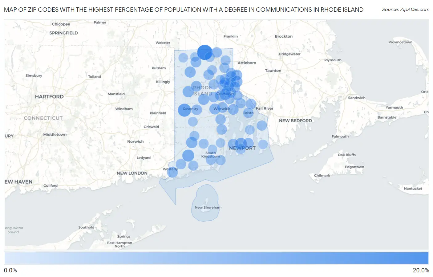 Zip Codes with the Highest Percentage of Population with a Degree in Communications in Rhode Island Map