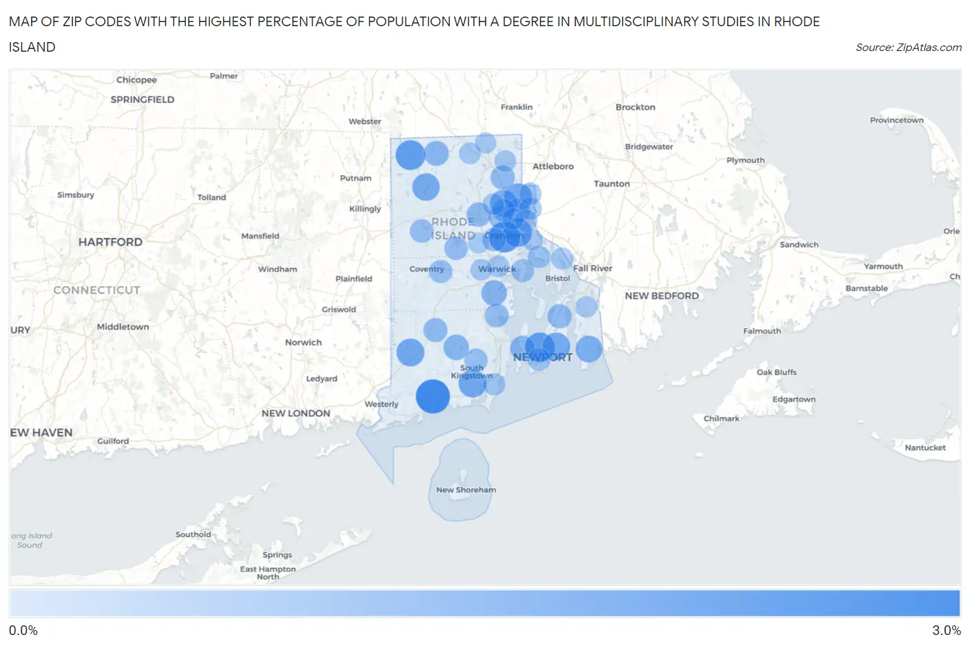 Zip Codes with the Highest Percentage of Population with a Degree in Multidisciplinary Studies in Rhode Island Map