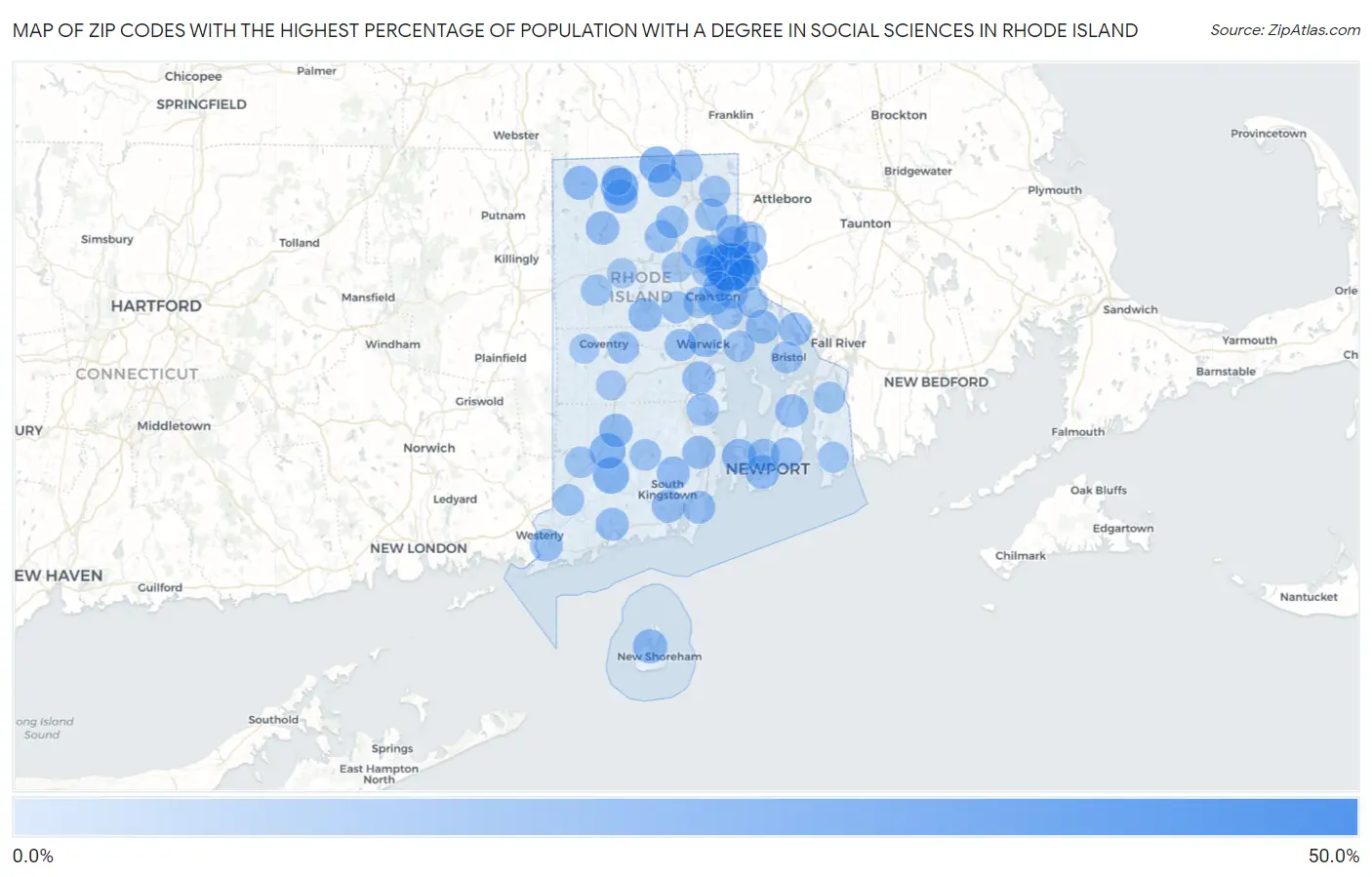 Zip Codes with the Highest Percentage of Population with a Degree in Social Sciences in Rhode Island Map