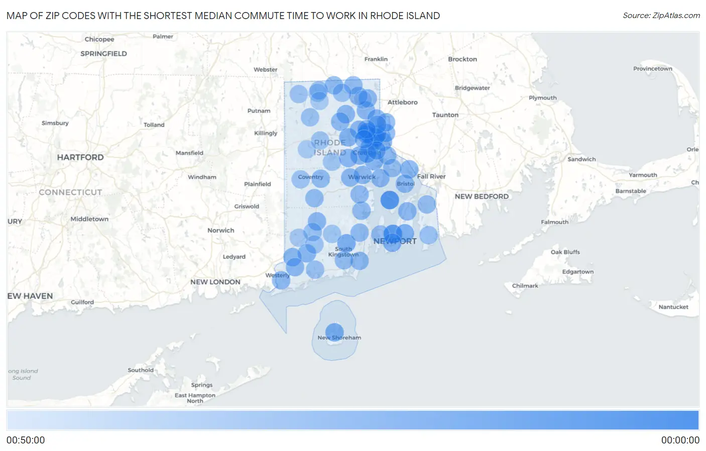 Zip Codes with the Shortest Median Commute Time to Work in Rhode Island Map