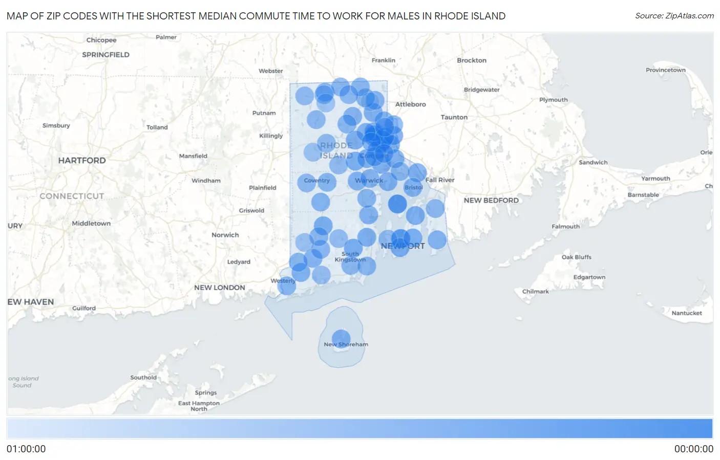 Zip Codes with the Shortest Median Commute Time to Work for Males in Rhode Island Map