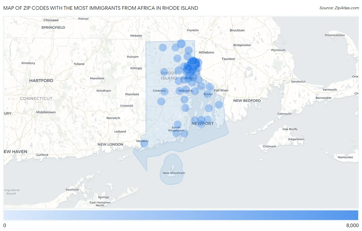 Zip Codes with the Most Immigrants from Africa in Rhode Island Map