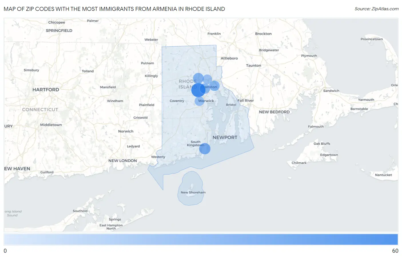 Zip Codes with the Most Immigrants from Armenia in Rhode Island Map