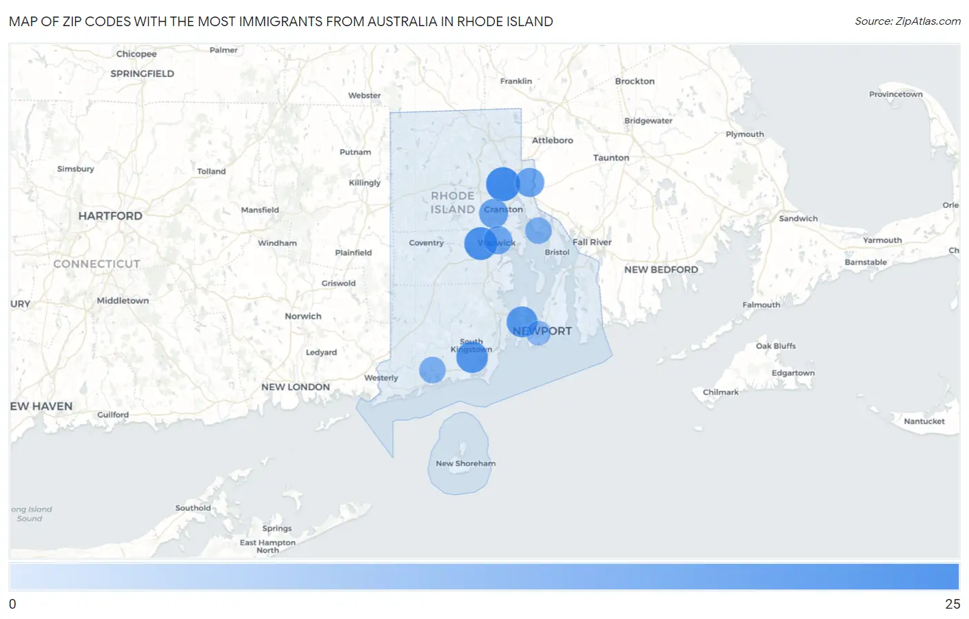 Zip Codes with the Most Immigrants from Australia in Rhode Island Map